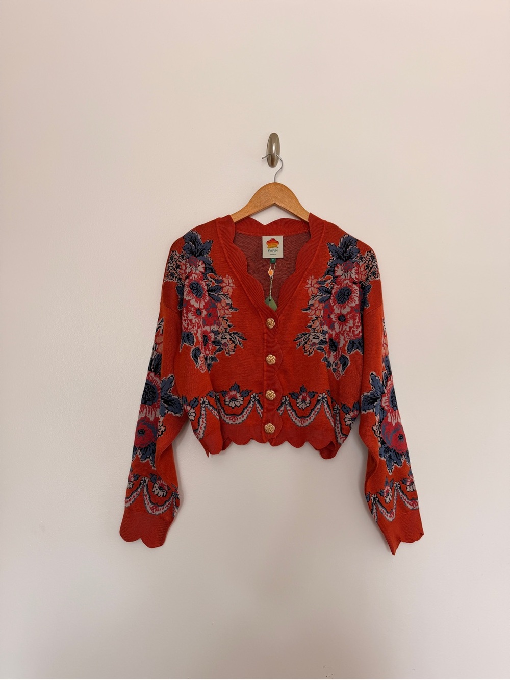 Farm Rio Terracota Victorian Floral Buttoned Knit Cardigan Size M NWT - Picture 2 of 8